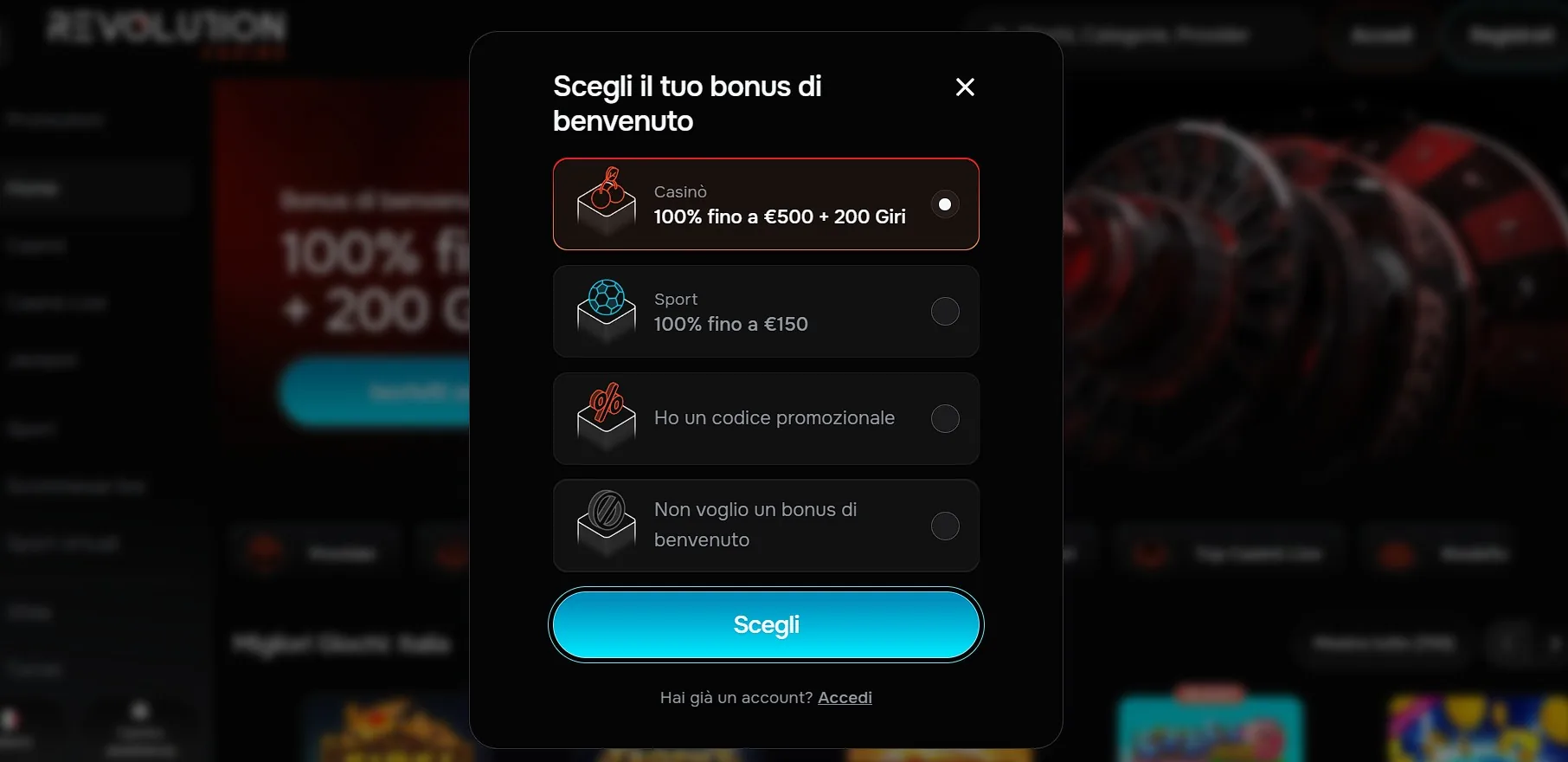 Scelta del bonus di benvenuto su Revolution Casino Italia